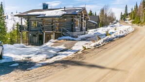 A log cabin with a dirt road leading to it, surrounded by snow and trees. - Rinnekieppi 2 by Interhome (Kuusamo)