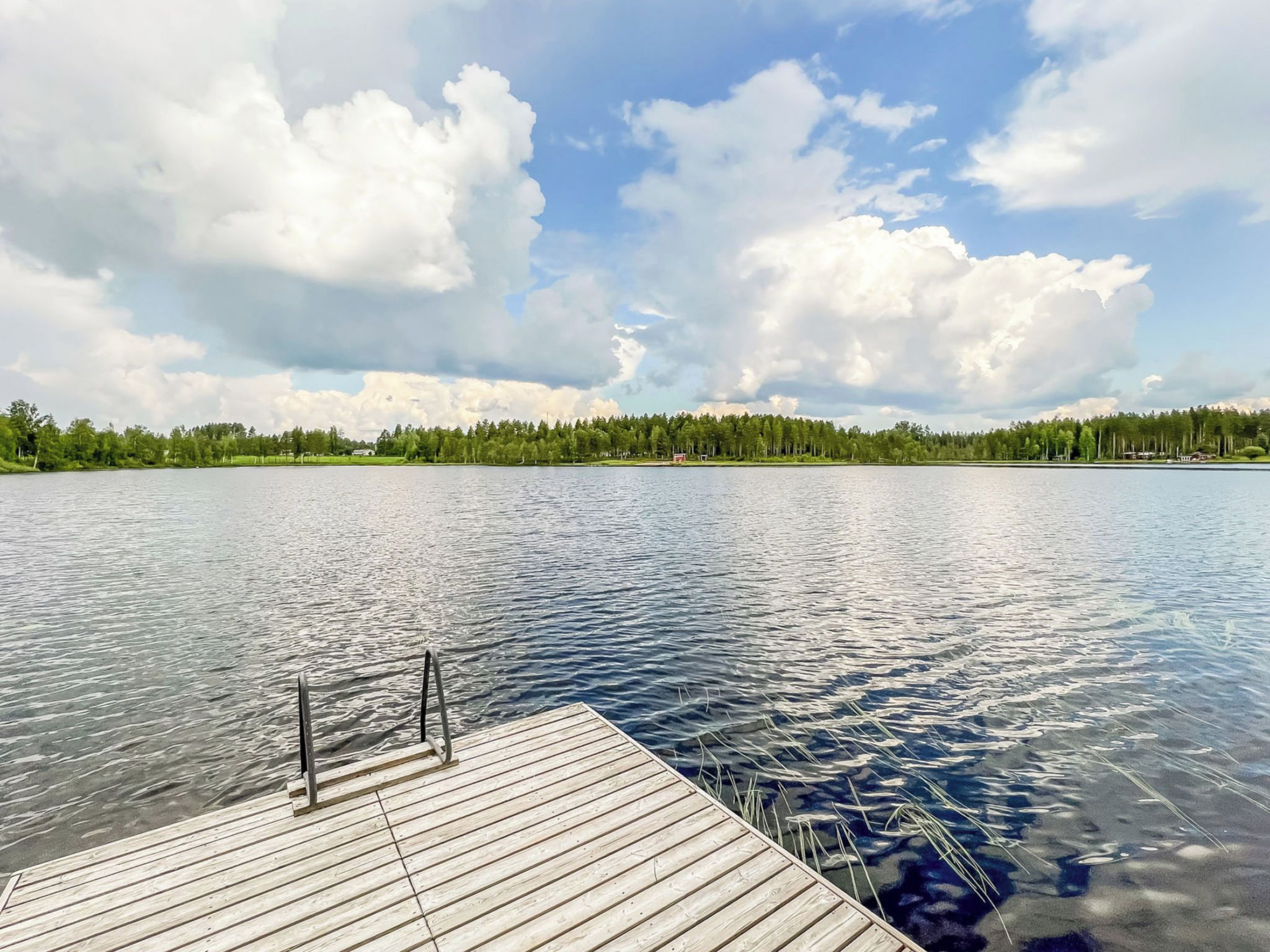 Un molo di legno che si protende in un lago calmo, con una riva alberata sullo sfondo.