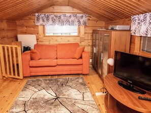 L'intérieur d'un chalet confortable, avec un canapé, un téléviseur et des meubles en bois.