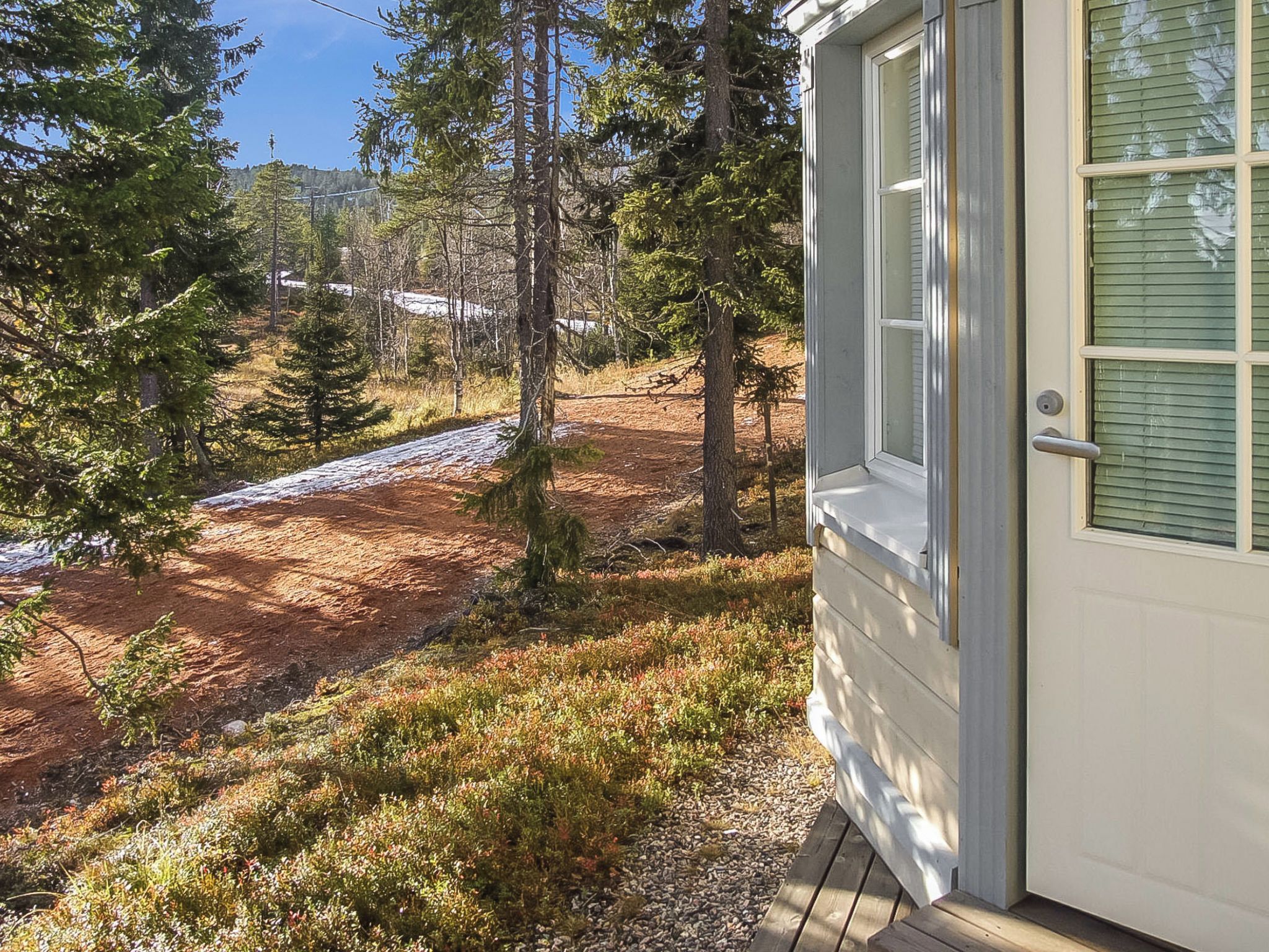 Une maison avec vue sur une zone boisée et un chemin de terre.