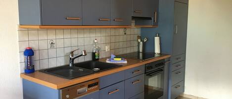 Fridge, microwave, dishwasher, cookware/dishes/utensils