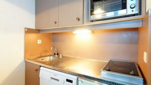 A compact kitchenette with a built-in microwave, a stainless steel sink, and a dishwasher. - Le Grépon by Interhome (Chamonix)