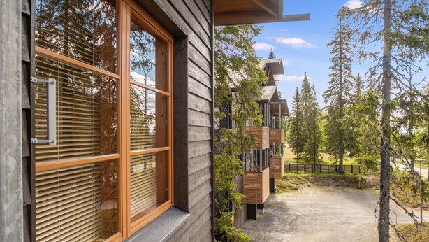 Un bâtiment moderne en bois, doté de grandes fenêtres et offrant une vue sur une zone boisée.