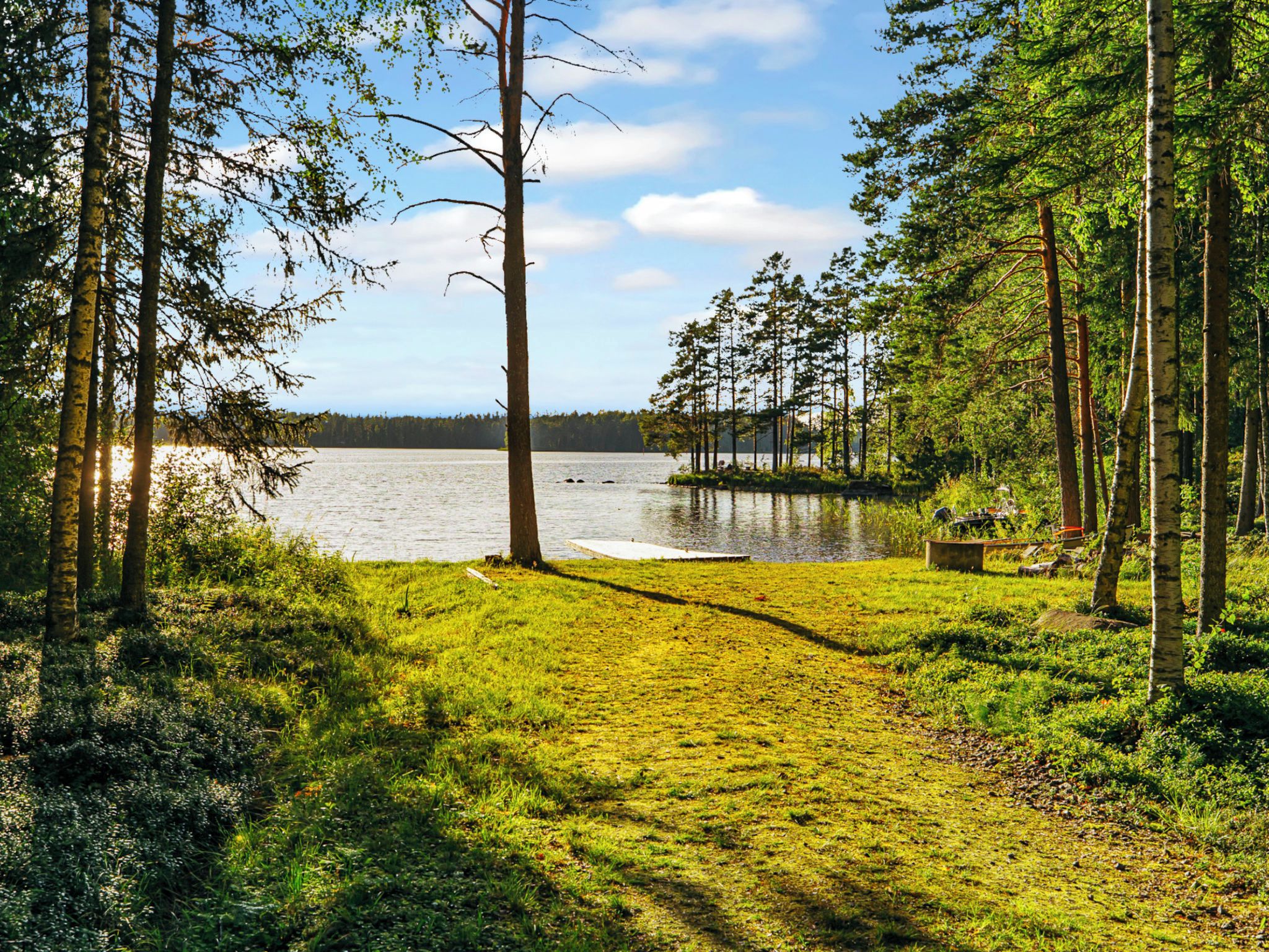 A natural landscape with a lake, surrounded by trees and grassy areas.