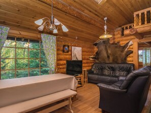 A log cabin interior with a bed, leather sofa, and a mounted animal hide.
