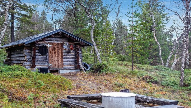 Eine rustikale Holzhütte mit Holztür und Schornstein, umgeben von einem Wald. Vor der Hütte befindet sich eine Feuerstelle aus Beton mit Bänken.