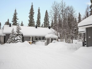 A snow-covered residential area with multiple houses, a small doghouse, and a clear sky.