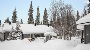 Un quartier résidentiel enneigé, avec des maisons, un espace extérieur abrité où l’on peut s’asseoir, et de grands arbres à feuilles persistantes.