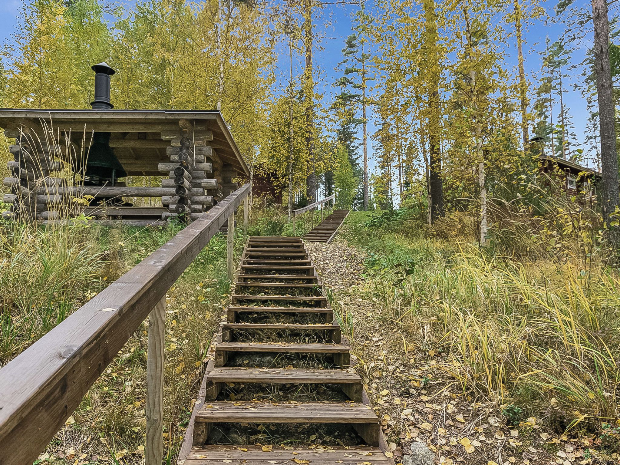 Puinen portaikko, joka johtaa mökkiin metsäisellä alueella.