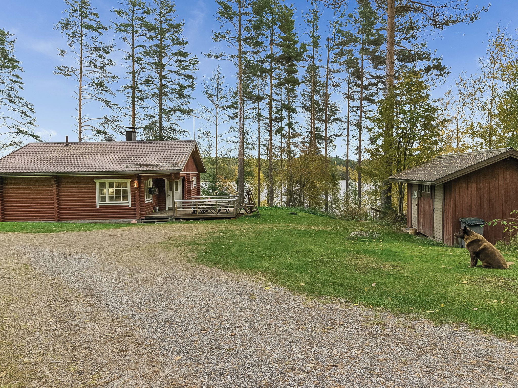 A cabin with a gravel driveway, a wooden deck, and a dog in the foreground.