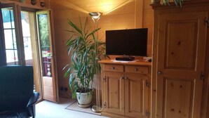 A wooden interior with a television on a cabinet, a potted plant, and a chair. - Steimandli by Interhome (Gstaad)