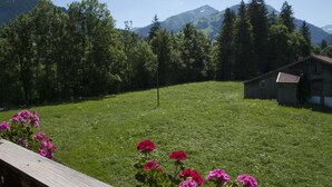 A grassy field with a wooden cabin and a mountain backdrop. - Steimandli by Interhome (Gstaad)