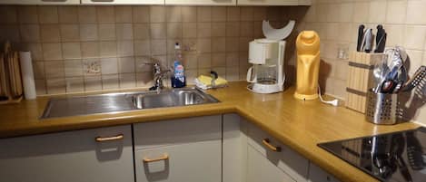 Fridge, cookware/dishes/utensils