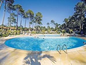 A large outdoor swimming pool surrounded by palm trees and lounge chairs, with a clear blue sky above.
