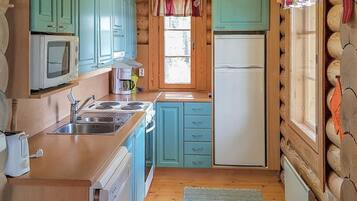 Fridge, microwave, dishwasher, cookware/dishes/utensils