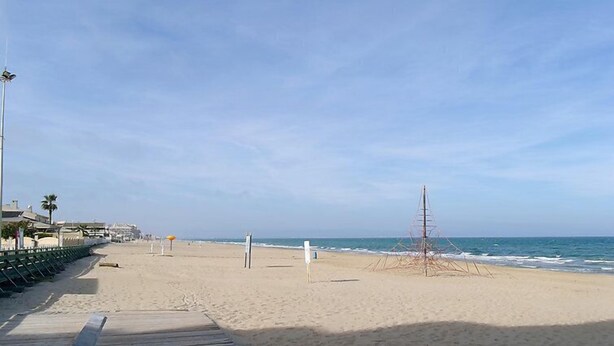 Ein Strand mit einer Holzpromenade, Palmen und blauem Himmel.