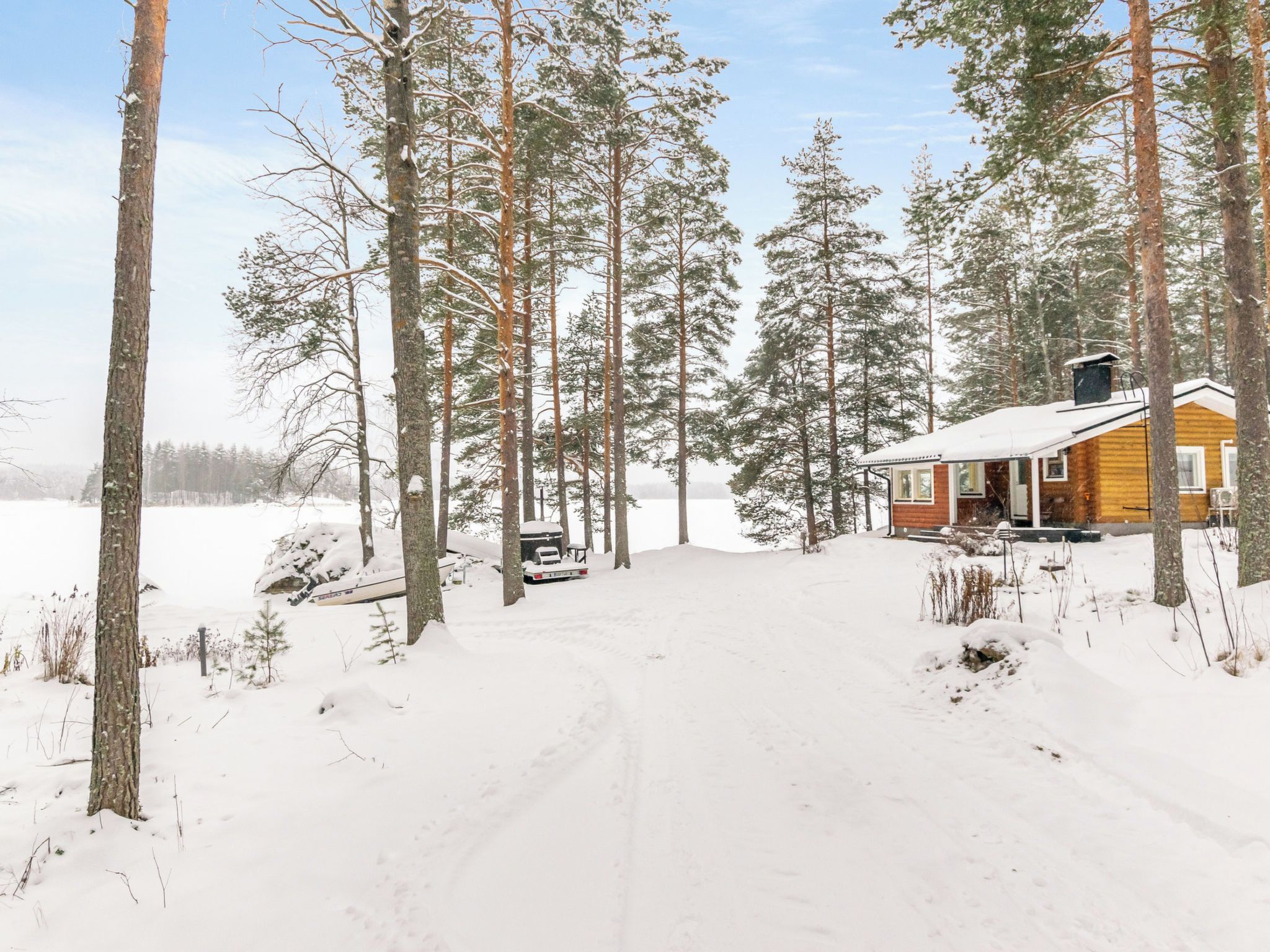 A cabin with a snow-covered roof, surrounded by tall pine trees, in a snowy landscape.