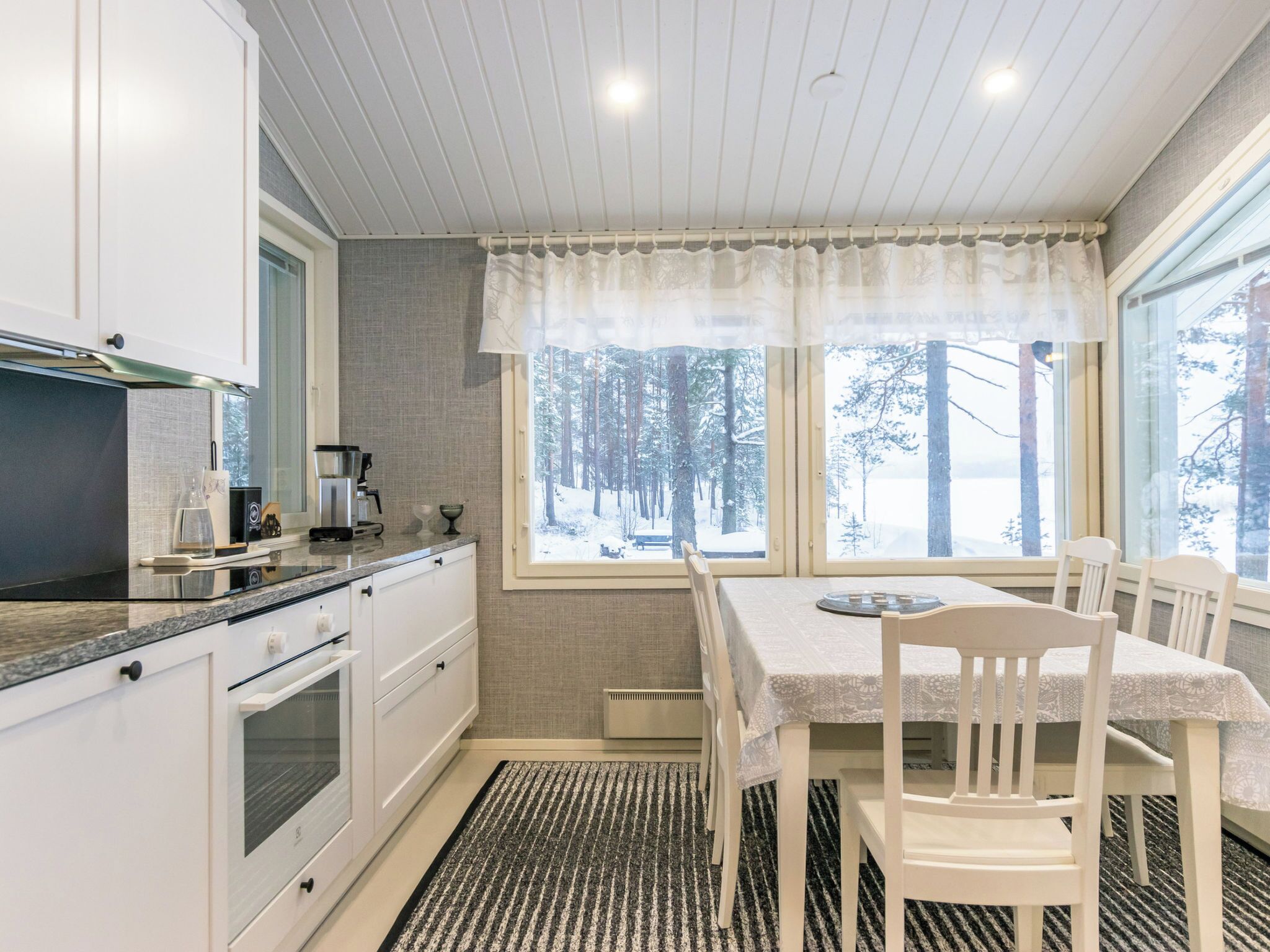 A modern kitchen with white cabinets, a built-in oven, and a window with a view of a snowy forest.