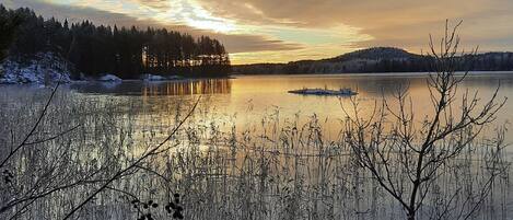 En stilla vy över en sjö med en solnedgång i bakgrunden, lugnt vatten och omgivande träd.