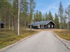 A two-story cabin with a gravel driveway leading to the entrance.