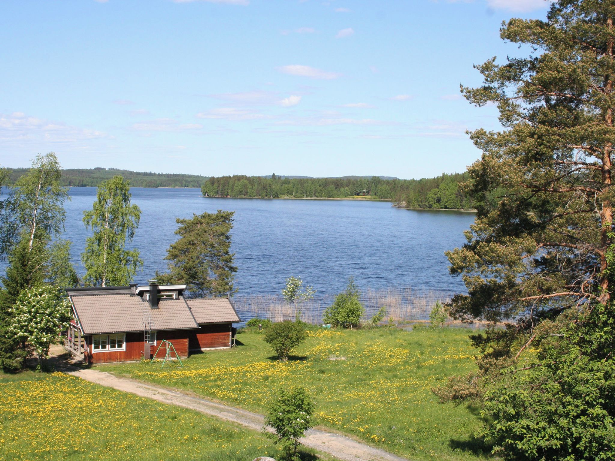 Eine Holzhütte am See mit Seeblick, umgeben von Grünpflanzen und Bäumen.