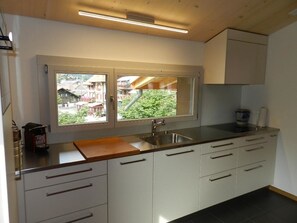 Kühlschrank, Geschirrspüler, Kochgeschirr/Geschirr/Besteck, Esstisch
