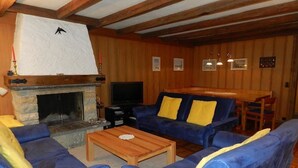 Ein gemütliches Wohnzimmer mit Kamin aus Stein, blauen Sofas mit gelben Kissen, einem Holztisch und einem Fernseher.