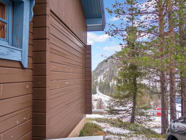 A wooden cabin with a blue window, a snowy landscape, and a mountain in the background.