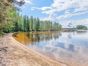 Un paysage naturel caractérisé par une plage de sable, une eau calme et une forêt dense.