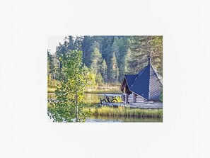 A cabin with a sloped roof, situated by a lake with a bicycle parked outside.
