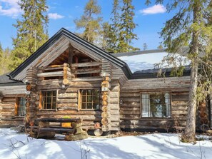 A log cabin with a gabled roof, large windows, and a snow-covered ground.