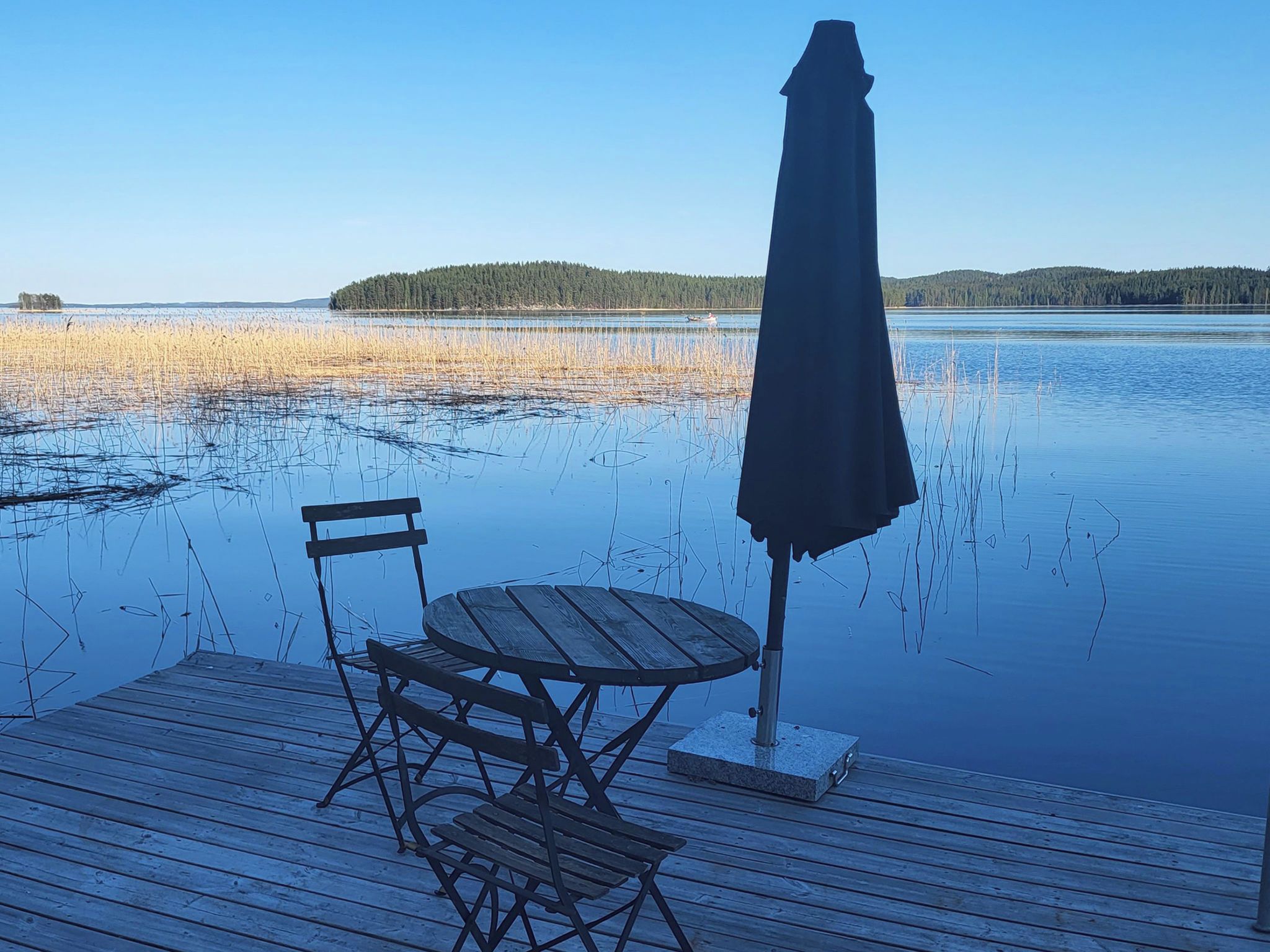 A wooden deck with a table and chair, an umbrella, and a view of a lake with reeds and distant trees.
