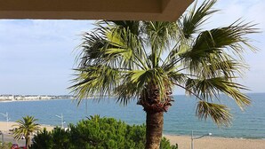 Uma varanda com vista para o mar e uma palmeira.