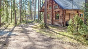 A log cabin with a metal roof, surrounded by tall trees and a dirt path leading to it.