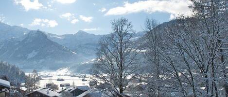 A snowy landscape with mountains in the background, a few buildings, and leafless trees.