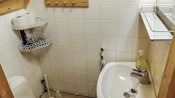Een compacte badkamer met toilet, een wastafel en een douchehoek. Er zijn planken met toiletartikelen en een houten rek boven het toilet.
