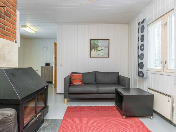 A living room with a sofa, a fireplace, and a red rug.