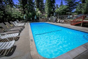 A rectangular swimming pool with clear blue water, surrounded by lounge chairs and a stone wall. - Little Pines #102 (Big Bear Lake)
