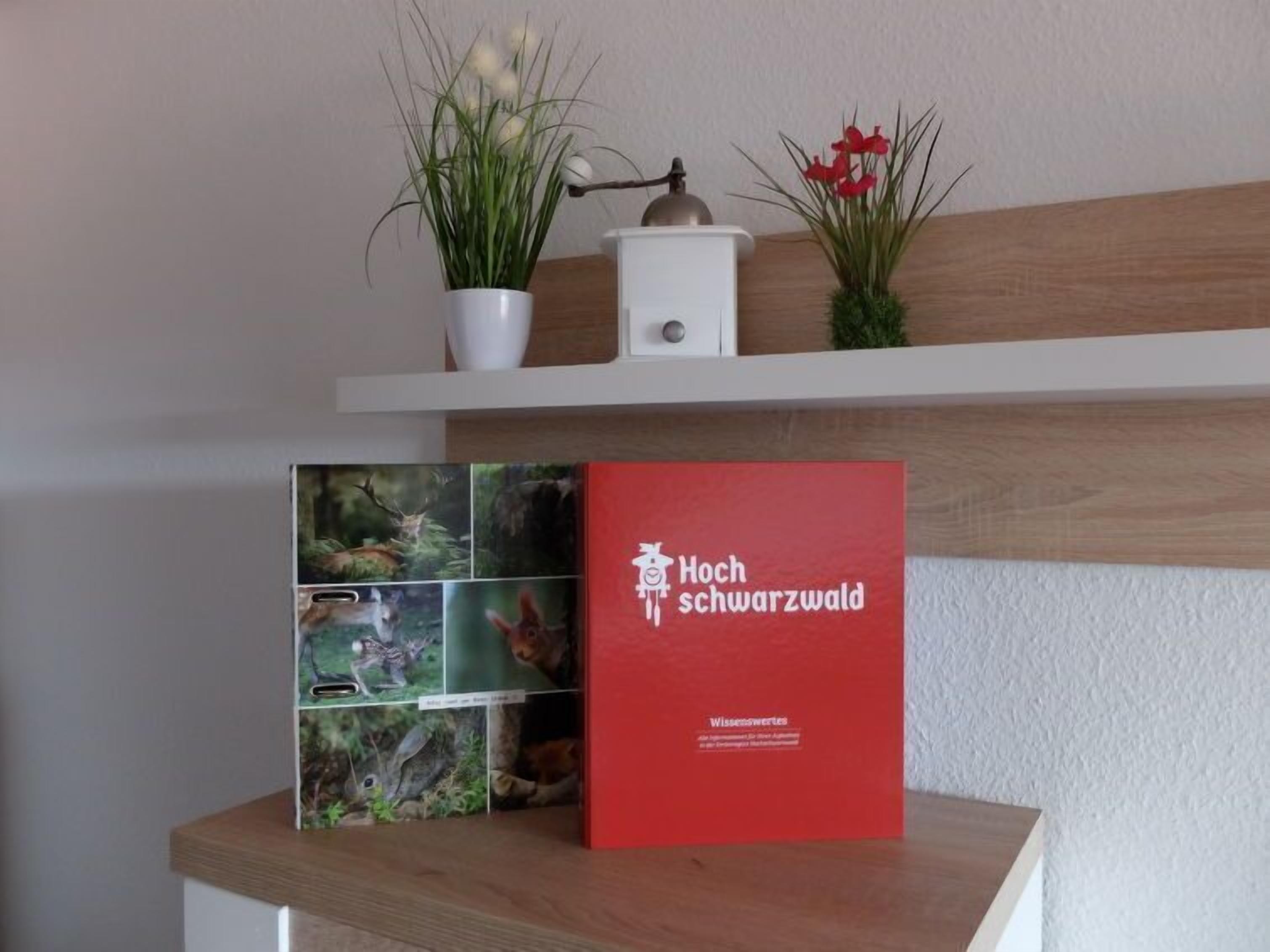 A red book titled 'Hoch schwarzwald' on a wooden shelf with a white wall in the background.