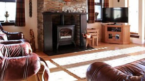 Una sala de estar acogedora con chimenea de piedra, sofás de cuero, un televisor y un mueble de madera.