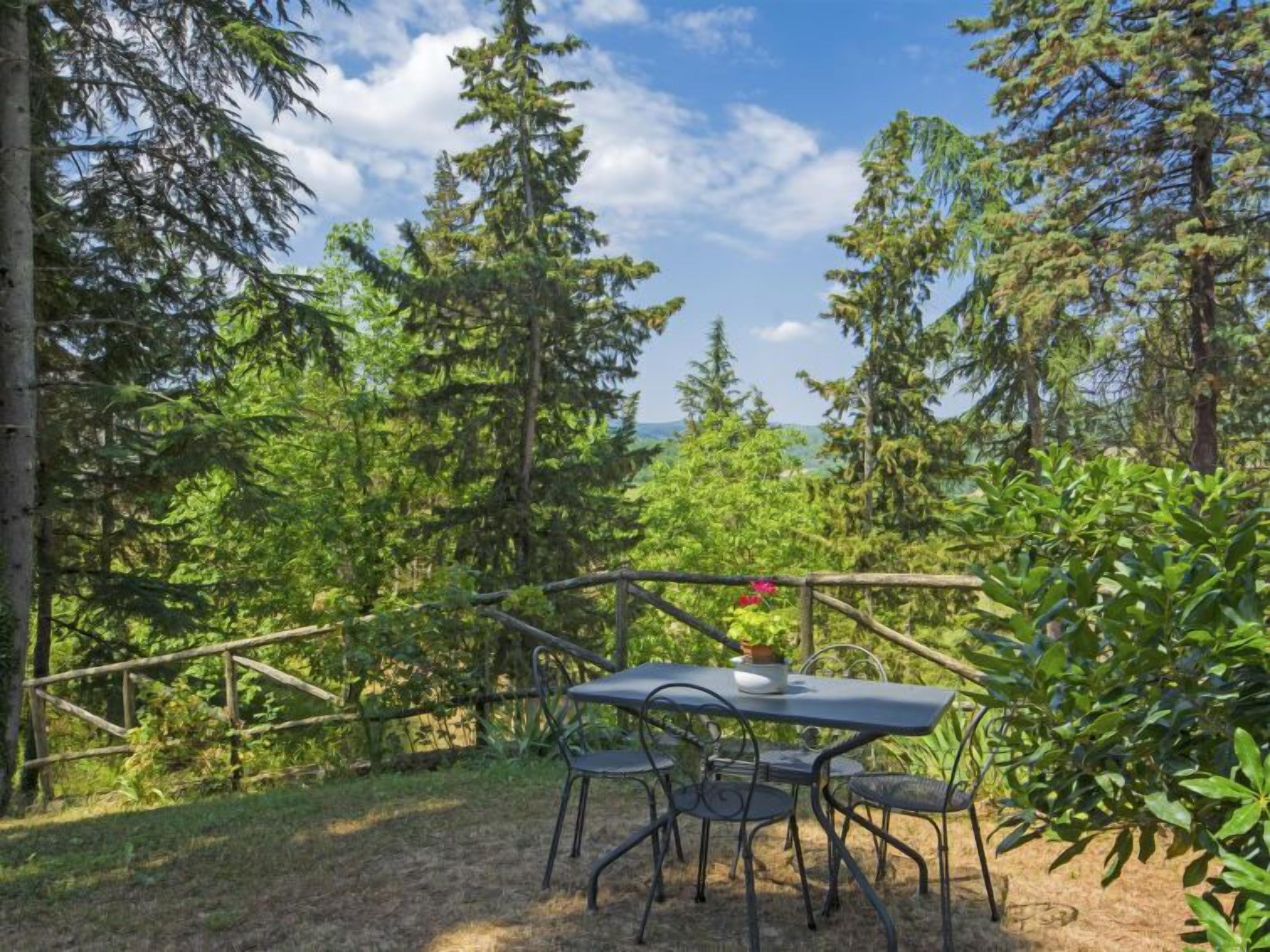 An outdoor seating area with a table and chairs, surrounded by dense trees and a wooden fence.
