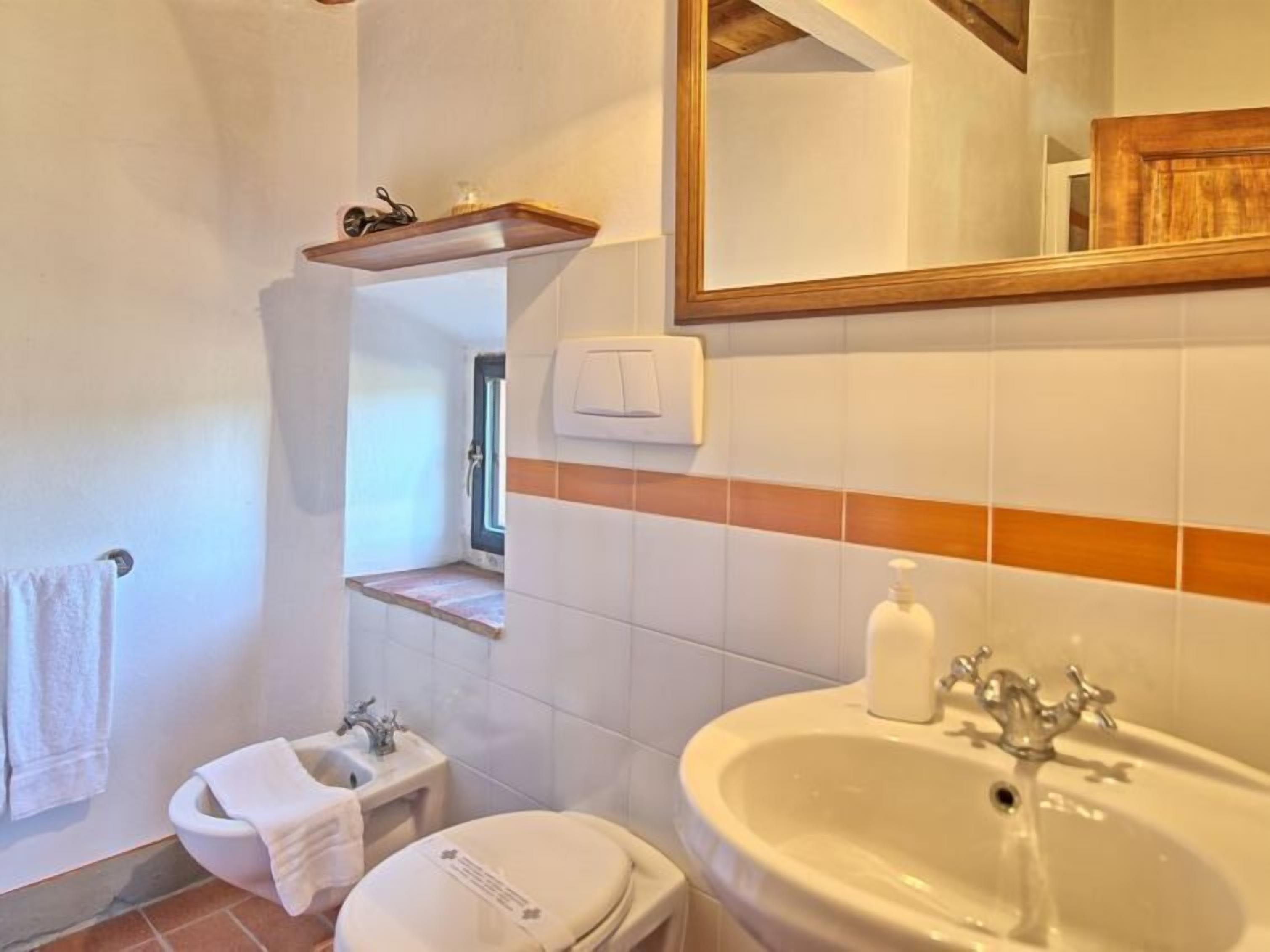 A bathroom with a toilet, sink, and mirror.