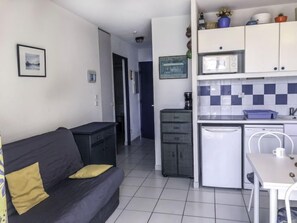 A compact living space with a kitchenette, a sofa with cushions, and a dining area.