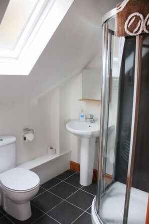 A bathroom with a skylight, a toilet, a sink, and a shower enclosure. - Staffin Road by Interhome (Mid Skye)