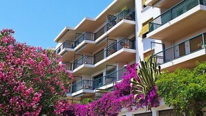 Un edificio de varios pisos con balcones, rodeado de plantas de buganvilla rosadas.