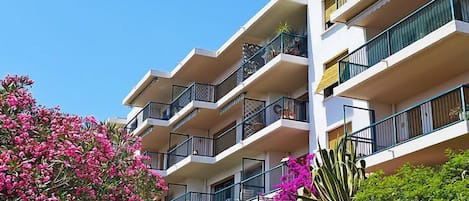 A multi-story building with balconies, surrounded by pink bougainvillea plants.