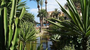 A serene garden with cacti and palm trees, a small pond, and a building in the background. - Dona Lola by Interhome (Calahonda)
