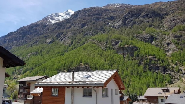 A mountain cabin with a sloped roof, surrounded by forested hills and a snow-capped peak in the background. - Castor und Pollux by Interhome (Täsch)