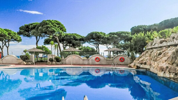 Ein klares, blaues Schwimmbecken mit einer Steinwand und Bäumen im Hintergrund.
