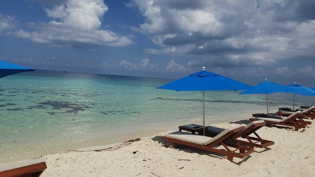 Une plage à l’eau turquoise et limpide, au sable blanc et aux parasols bleus.